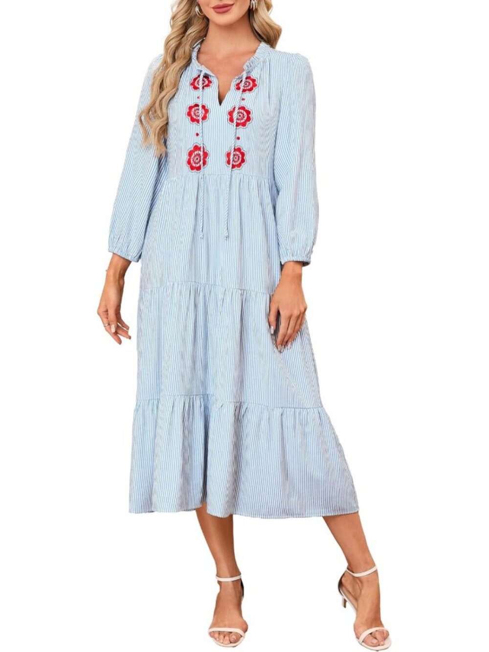 Embroidered Cotton Tiered Maxi Dress with Pockets for Women - Boho Chic Style